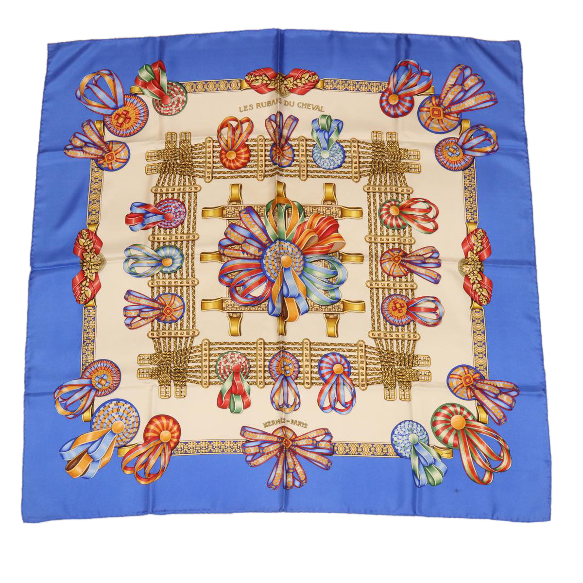 Hermes Carre 90 Les Rubans Du Cheval Scarf Silk Blue Auth Am3327